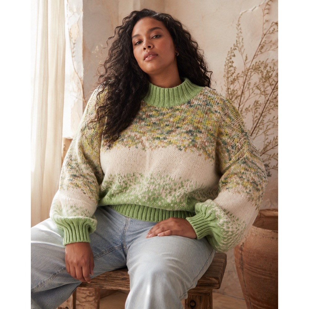 Aerie Women XXL Green Cream Fair Isle Mock Neck Wool Blend Knit Sweater Pullover